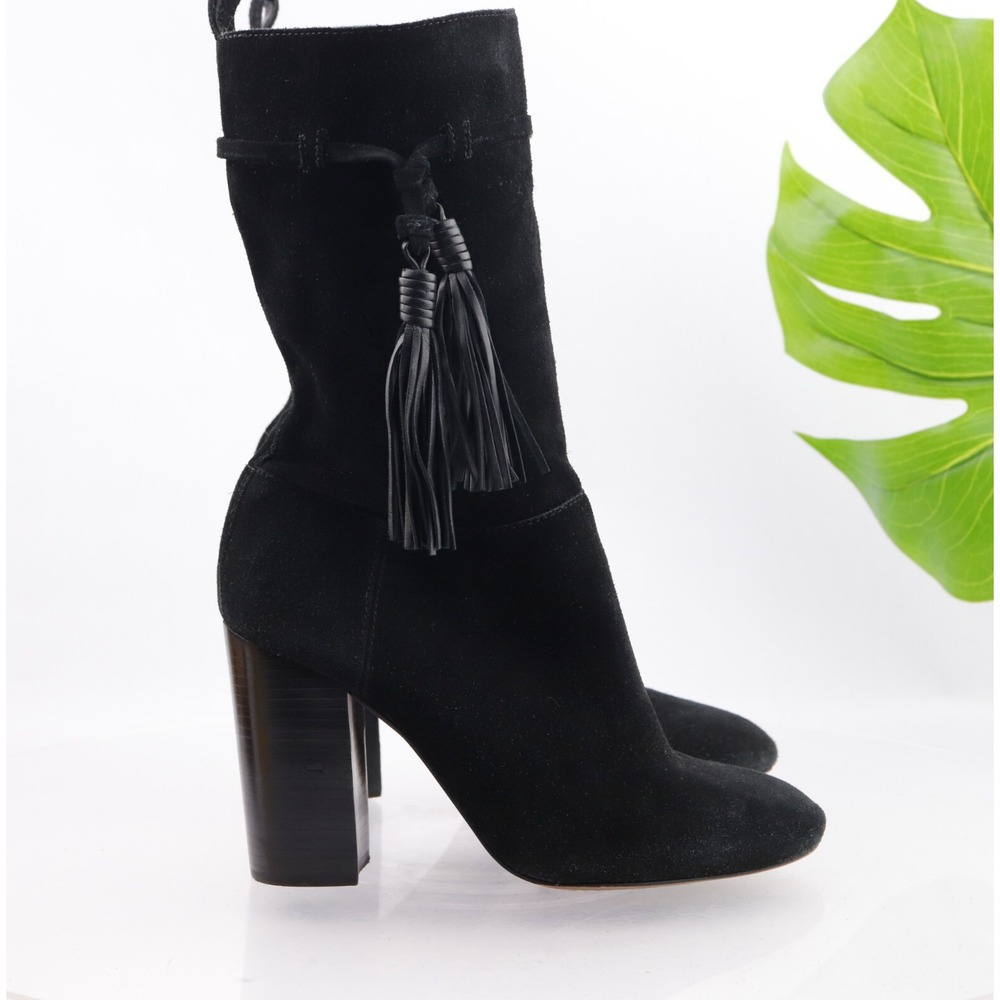 Vince Camuto Womens Fermel Boots Size 9.5 Black Suede Tassel Mid Calf Block Heel